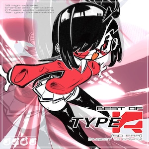 May include: A digital art image featuring a stylized anime-style character in a red jacket and black leggings. The text "BEST OF TYPE Z" is prominently displayed, along with additional text about trance and hardcore music. The background has a pink and white radial design.