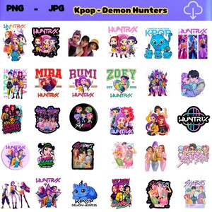 May include: A selection of vibrant stickers showcasing anime-style illustrations of characters and the text "HUNTRAX", "KPOP DEMON HUNTERS", "Saja Boys", and character names. The stickers are in various shapes and designs.