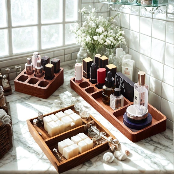 Vintage Wooden Makeup Organizer Box – Lipstick Jewelry Storage | Natural Desktop Cosmetic Display for Vanity Home Decoration lips holder