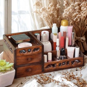 Handmade Solid Wood Makeup Organizer with Drawers – Carved Skincare & Lipstick Storage Box for Vanity, Desk or Bathroom