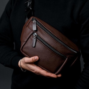 Personalized Leather Crossbody Bag, Brown Sling Bag, Fanny Pack Or Messenger For Men, Great Gift for Dad Or Him Functional And Stylish