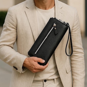 Cartera de cuero negro para hombre con grabado, cartera de mano personalizada de cuero genuino, monedero de cuero de calidad, regalo de cumpleaños para él.