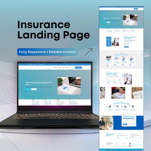 May include: A laptop computer displaying a website for home insurance. The website has a blue and white color scheme and features a call to action button that says "Get a Quote". The text "We Provide Home Insurance For You" is displayed on the website. The laptop is on a white surface. The text "Insurance Landing Page" is displayed above the laptop. The text "Fully Responsive | Editable Content" is displayed below the laptop. The text "Instant Zip File Download" is displayed below the laptop. The text "ReachCureStudio" is displayed below the text "Instant Zip File Download".