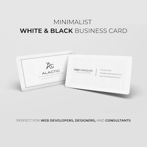 Minimalistische witte en zwarte visitekaartjesjabloon | Modern canvas bewerkbaar visitekaartje voor ontwikkelaars en ontwerpers | Schoon professioneel ontwerp