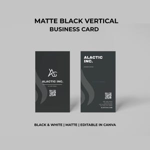 Zwart mat verticaal visitekaartje | Bewerkbaar in canvas | Modern visitekaartje met QR-code