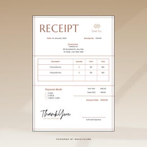 Editable Receipt Template for Canva | Printable Payment Receipt | Small Business Receipt | Freelancer Template | Instant Digital Download