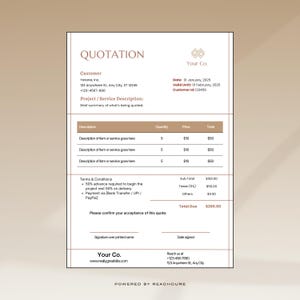 Könnte beinhalten: Ein beiges und braunes Angebotsformular mit dem Titel "Angebot" und dem Firmennamen "Your Co." Das Formular enthält einen Kundennamen, ein Datum, ein Gültigkeitsdatum, eine Kunden-ID, eine Projekt-/Leistungsbeschreibung, eine Menge, einen Preis, eine Summe, Geschäftsbedingungen, eine Zwischensumme, Steuern, Sonstiges, eine Gesamtsumme, eine Unterschrift über den gedruckten Namen, ein Datum der Unterschrift, erreichen Sie uns unter und powered by reachcure.