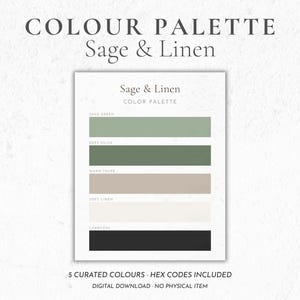 Pode incluir: Paleta de cores "Sage & Linen" com cinco cores: Verde Salva, Oliva Escuro, Taupe Quente, Linho Suave e Carvão. Inclui códigos HEX. Download digital.