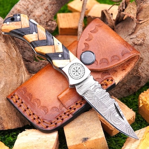 Custom Handmade Damascus Pocket Knife, Folding Knife with Wood Grip, Leather Sheath Included | Perfect Gift for Outdoor Lovers, Gift For Him
