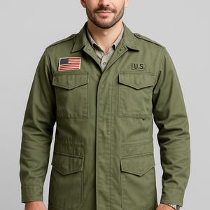 Olive Green Cotton Field Jacket: Men&#39;s Vintage Military Style Coat