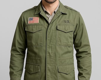Olive Green Cotton Field Jacket: Men's Vintage Military Style Coat