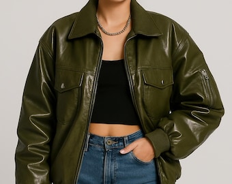 Jaqueta bomber de couro oversized dos anos 90: estilo vintage feito à mão