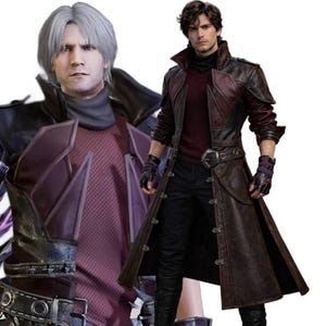 Peut inclure: Un long manteau en cuir marron avec des détails bordeaux, porté sur un pull bordeaux et un pantalon noir. Le manteau est doté d'une ceinture à boucle argentée et de fermoirs décoratifs. L'image montre également un personnage aux cheveux argentés et une tenue violette et noire.