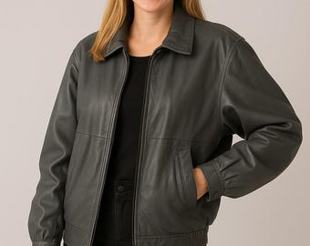 90s real leather bomber jacket レザージャケット Women's Fashion 90s Leather Jacket Oversized Leather Bomber