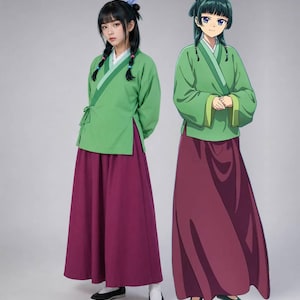 Vestido inspirado en MaoMao de Apothecary Diaries / Traje de cosplay de anime para mujer / Estilo Hanfu tradicional: top verde y falda morada