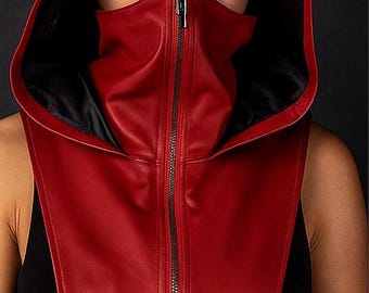 Chaleco ninja de cuero rojo hecho a mano con capucha: arnés de cosplay cyberpunk