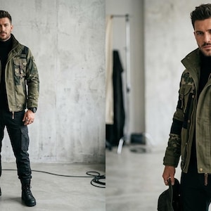 May include: A man wearing a green camouflage jacket with black accents, a black turtleneck, and black pants. The jacket has multiple pockets and patches. He is holding a black hat and wearing a watch. The outfit is a military-inspired style.