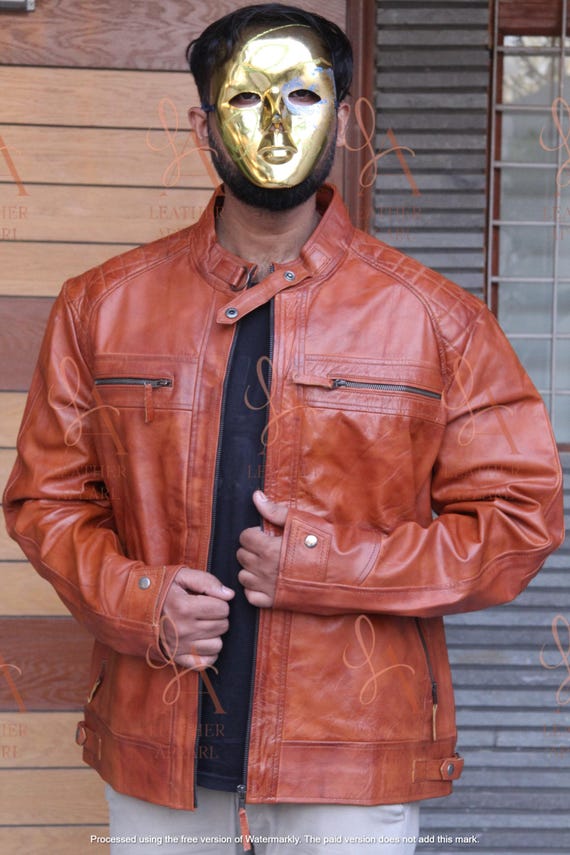 Jaqueta masculina marrom de couro legítimo – estilo motociclista