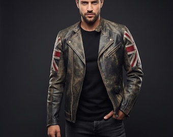 Chaqueta de cuero estilo motero con la Union Jack para hombre / Abrigo de moto con la bandera británica desgastada