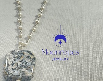 Elegant 24&quot; Zebra Jasper pendant necklace with a Sterling Silver and Freshwater Pearl chain.