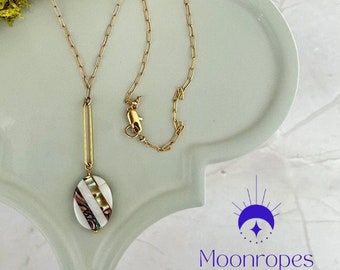 18&quot; gold-filled dainty paperclip chain necklace with iridescent abalone and mother-of-pearl pendant set below a large paperclip link.