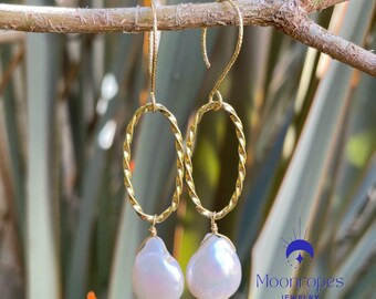 Baroque Pearl Drop Earrings: 14k Gold-Filled Twisted Wire, 2.75"