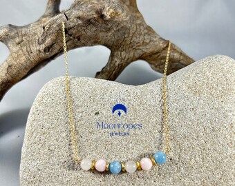 18” Gold-filled necklace with Rose Quartz, Aquamarine and Moonstone 6mm Rondelles