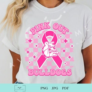 Bulldoggen-Team Schulgeist Maskottchen, Bulldoggen Pink, Brustkrebsbewusstsein, Fußball, Beifall, Sublimation, DTF, PNG