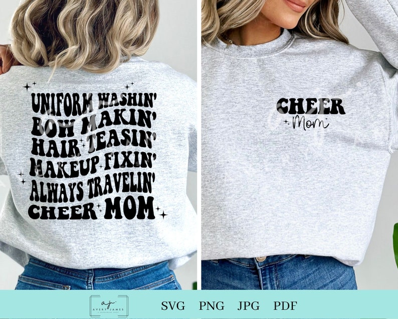 May include: A gray sweatshirt with black text on the front and back. The front says "CHEER + Mom" and the back says "UNIFORM WASHIN' BOW MAKIN' HAIR TEASIN' MAKEUP FIXIN' ALWAYS TRAVELIN' CHEER MOM".