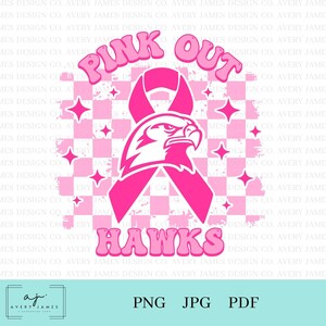 Op de afbeelding: Pink Out Hawks afbeelding met een roze lint en een roze adelaar op een roze en witte geruite achtergrond.