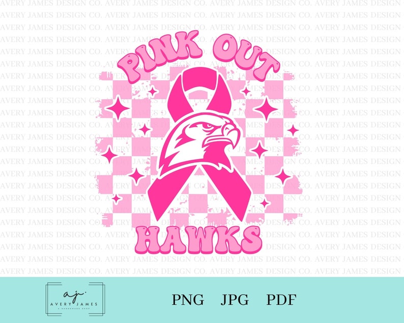 Op de afbeelding: Pink Out Hawks afbeelding met een roze lint en een roze adelaar op een roze en witte geruite achtergrond.