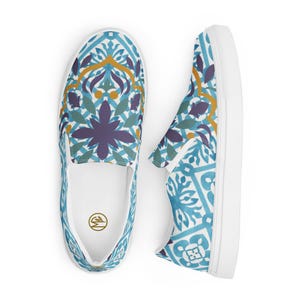 Moroccan-inspired Slip-On Sneakers – Women’s Canvas Shoes with Geometric Tile Design, Boho Fashion, Soft Soles, Travel Vibe, Travel Gift