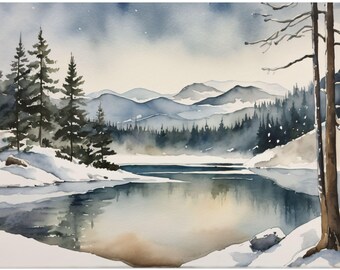 Watercolor Winter Lake Poster, Snowy Forest Painting, Winter Watercolor Landscape Art Print, Snowy Pine Trees Wall Art Decor
