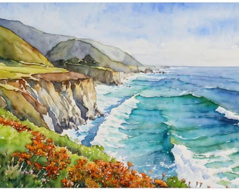 Watercolor Big Sur Art Print, California Coastal Landscape