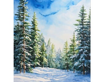 Watercolor Winter Forest Painting, Winter Landscape Art Print, Snowy Pine Trees Poster, Winter Pine Forest, Winter Scene Wall Art Decor