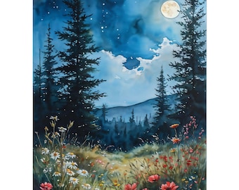 Night Sky Watercolor Art Print, Moon and Wildflowers Poster, Pine Painting, Enchanted Forest, Dark Woodland Wall Art