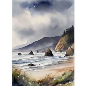 May include: Watercolor painting of a coastal landscape featuring a beach, ocean, and rocky cliffs under a cloudy sky. The artwork uses shades of blue, gray, and brown to depict the scene. The painting evokes a sense of tranquility and natural beauty.
