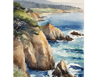Big Sur Watercolor Painting, California Coast Art, National Park Poster, Travel Print, Coastal Ocean Landscape Wall Art Decor