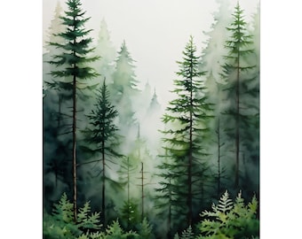Watercolor Foggy Pine Forest Print, Woodland Poster, Watercolor Nature Painting, Landscape Misty Pine Trees Wall Art