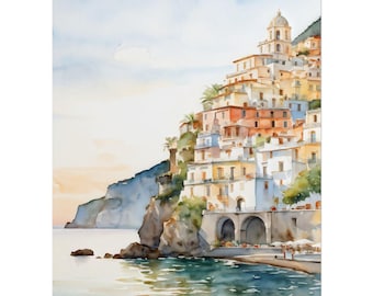 Positano Watercolor Print, Italy Travel Painting, Cinque Terre Poster, Amalfi Coast Landscape Wall Art