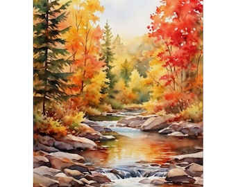 Watercolor Fall River Art Print, Cozy Autumn Painting, Fall Landscape Poster, Rustic Autumn Forest Wall Decor
