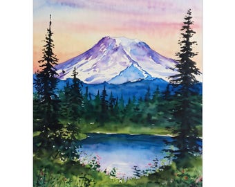 Mount Rainier Watercolor Painting, Lake Scene Poster, National Park Art Print, US Travel Print, Washington Wall Art Decor