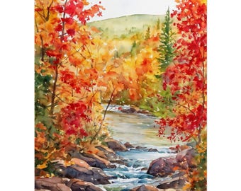 Watercolor Fall River Art Print, Cozy Autumn Painting, Fall Landscape Poster, Rustic Autumn Forest Wall Decor