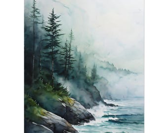 Pacific Mist Watercolor Coastline Art Print, Pacific Northwest, Ocean Mist Foggy Forest Artwork, Coastal Wall Decor
