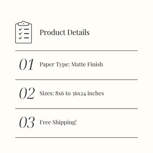 May include: A product details page with the title "Product Details". The page lists the paper type as matte finish and sizes from 8x6 to 36x24 inches.