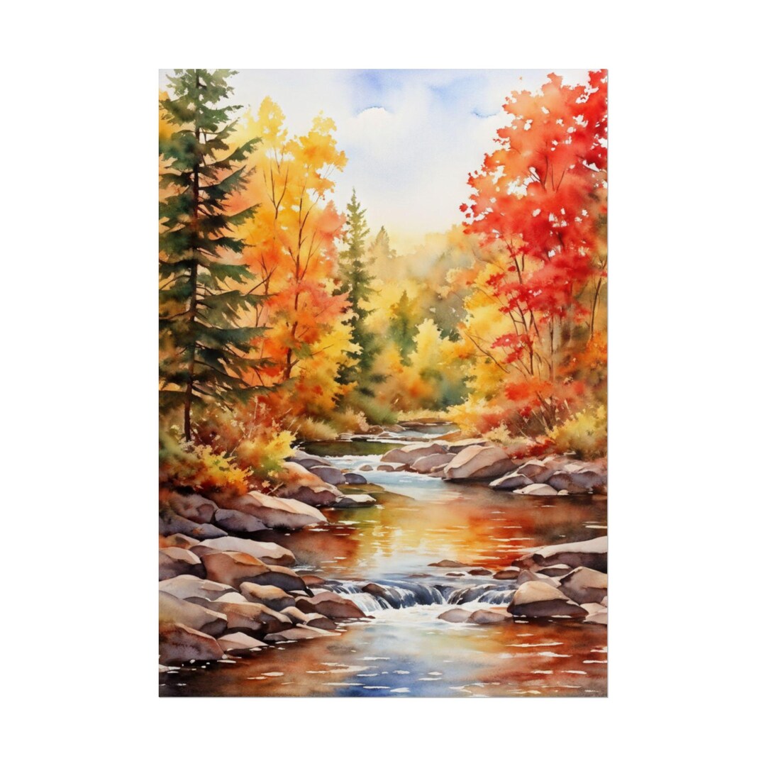 Watercolor Fall River Art Print, Cozy Autumn Painting, Fall Landscape ...