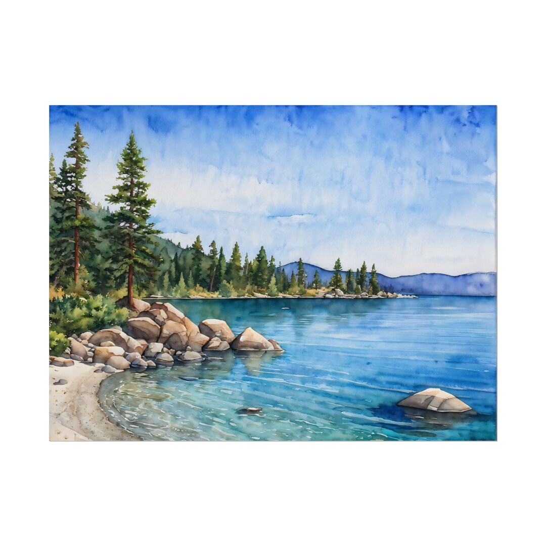 Lake Tahoe Art Print, Watercolor Lake Landscape, Pine Forest Painting ...