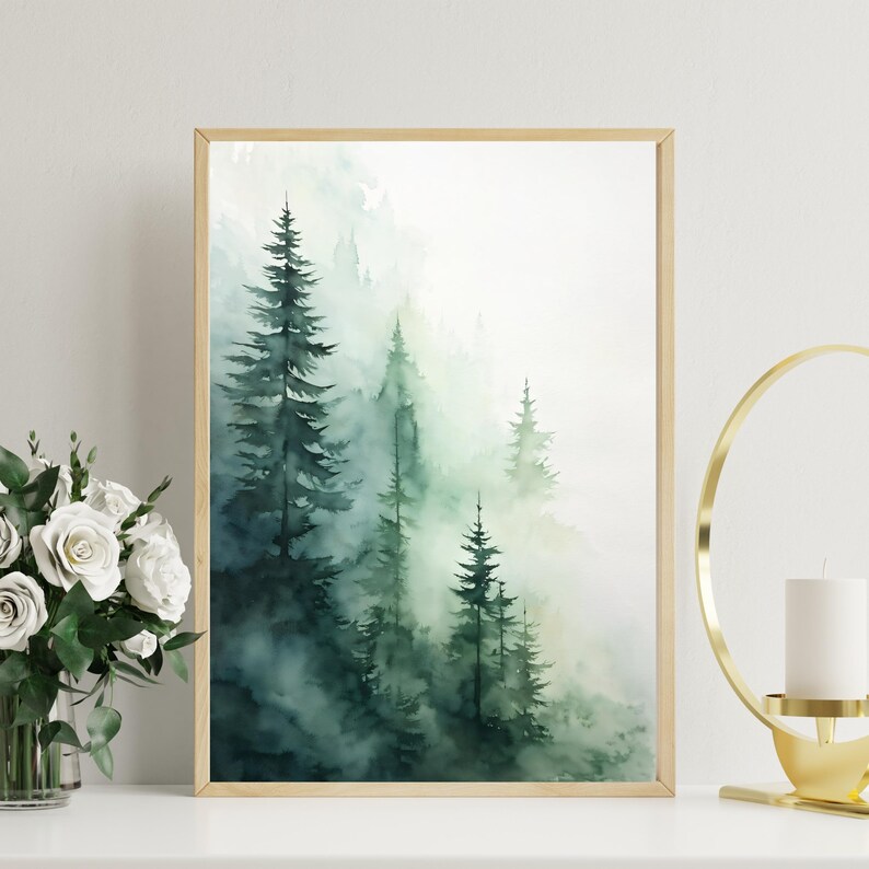 Misty Forest Watercolor Art Print, Green Pine Tree Landscape - Etsy