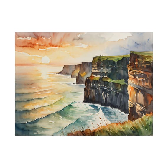 Watercolor Cliffs Of Moher Art Print, Emerald Isle Poster, Floral Painting, Irish Coast Wall Art Decor