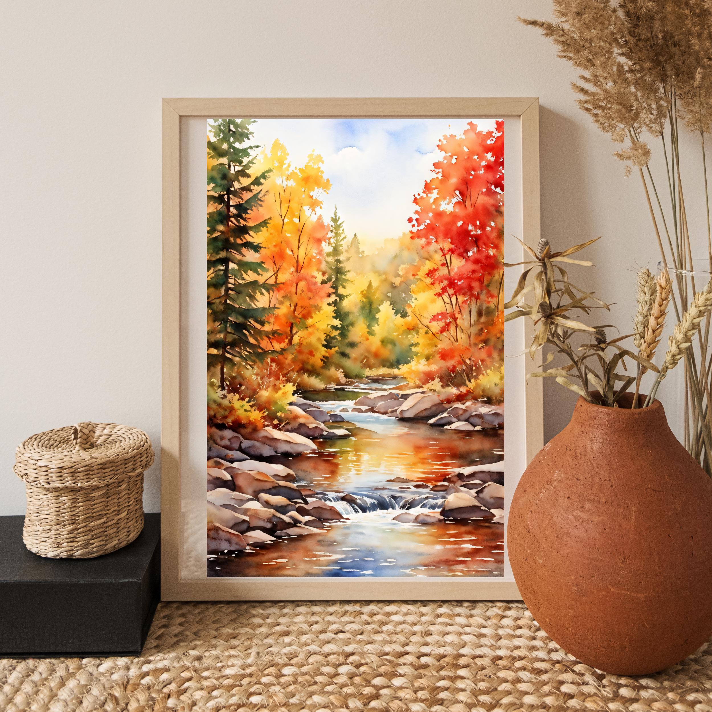 Watercolor Fall River Art Print, Cozy Autumn Painting, Fall Landscape ...